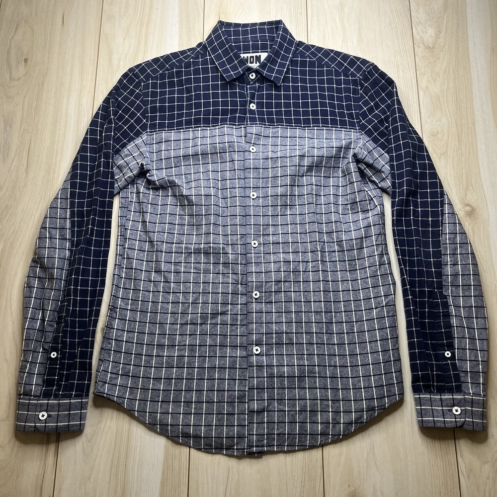 WOOLF ORIGINALS NEW YORK WON Button Up Shirt Checkered Navy Gray Mens Sz Medium